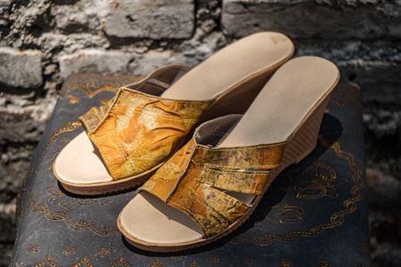 Making ecoprint crafts from natural materials on women's sandals. The ecoprint technique uses stacked leaves to create designs, patterns & colors on the surface of the sandalsの写真素材