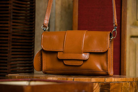 Display of handmade women's genuine leather bags made by craftsmen in Indonesia. Various types of very fashionable women's bags with nice details & various color and motif variantsの写真素材
