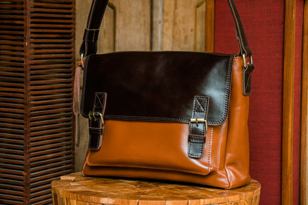 Display of handmade women's genuine leather bags made by craftsmen in Indonesia. Various types of very fashionable women's bags with nice details & various color and motif variantsの写真素材