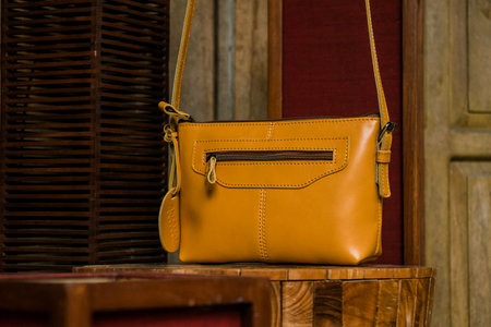 Display of handmade women's genuine leather bags made by craftsmen in Indonesia. Various types of very fashionable women's bags with nice details & various color and motif variantsの写真素材