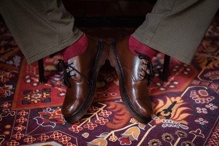 Close-up of 3-hole boots made of genuine leather worn indoors on the classic red carpet. Formal...