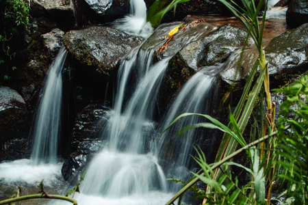 This unspoiled seasonal waterfall in the middle of the wilderness is called the Grenjengan Kembar waterfall. Detailed photos of the waterfall using a slow shutter speed techniqueの写真素材