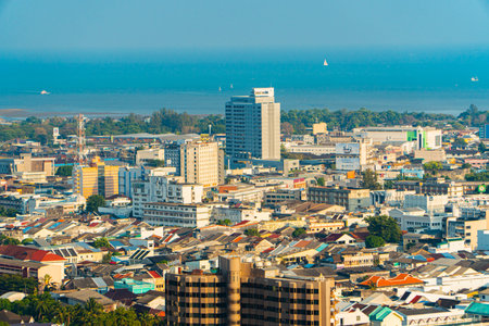 Khao Rang Phuket City View Point which displays the beauty of Phuket City, Thailand. The view from the View point shows the beauty of Phuket city, rows of hills and coastlineの写真素材