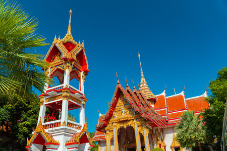 Wat Chalong Buddhist Temple or Chaithararam Temple - Wat Chalong in Phuket Thailand. This temple with details and decorations dominated by gold is very magnificentの写真素材