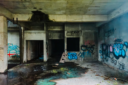 The inside of a former multi-storey building that was almost destroyed. An abandoned building with...