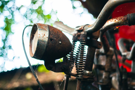 Close up of a classic bicycle full of rust and worn out. Details of old bicycle parts that are neglected and full of dust, look like they are starting to rust and become porousの写真素材