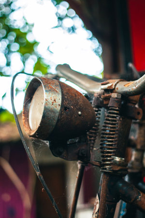 Close up of a classic bicycle full of rust and worn out. Details of old bicycle parts that are neglected and full of dust, look like they are starting to rust and become porousの写真素材