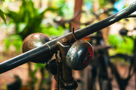 Close up of a classic bicycle full of rust and worn out. Details of old bicycle parts that are neglected and full of dust, look like they are starting to rust and become porousの写真素材