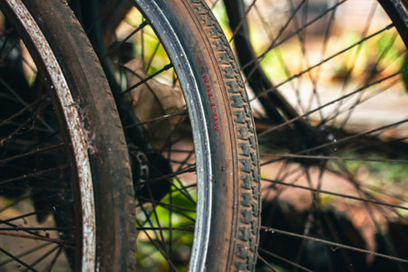 Close up of a classic bicycle full of rust and worn out. Details of old bicycle parts that are neglected and full of dust, look like they are starting to rust and become porousの写真素材