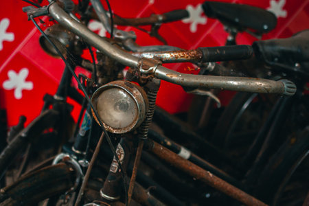 Close up of a classic bicycle full of rust and worn out. Details of old bicycle parts that are neglected and full of dust, look like they are starting to rust and become porousの写真素材