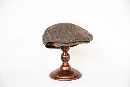 Detail of a scally cap mounted on a bronze mannequin head with a white background. Concept photo of a classic dark khaki hat on an elegant bronze mannequinの写真素材