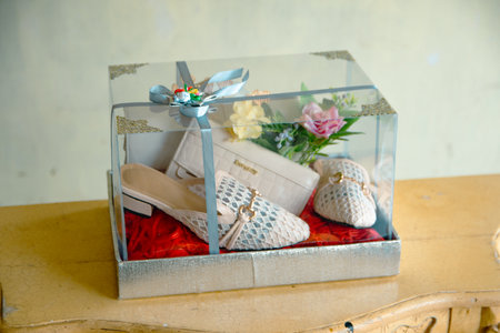 Details of the Indonesian cultural wedding gift box that will be given by the groom to the bride, containing various items that are attractively decorated.の写真素材