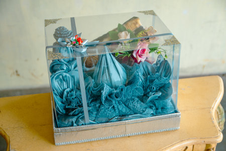 Details of the Indonesian cultural wedding gift box that will be given by the groom to the bride, containing various items that are attractively decorated.の写真素材