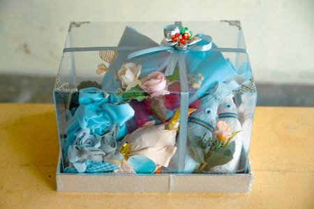 Details of the Indonesian cultural wedding gift box that will be given by the groom to the bride, containing various items that are attractively decorated.の写真素材