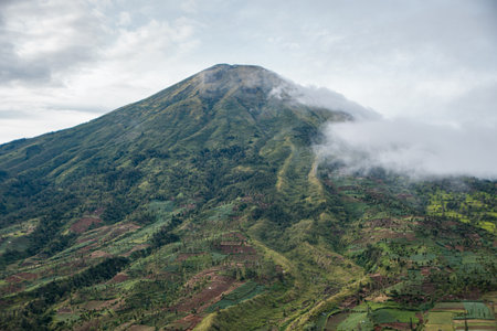 Mount Sindoro from a close distance with clouds around the peak on a sunny morning. The beautiful view of Mount Sindoro from the top of the hill at an altitude of 1800 mdplの写真素材