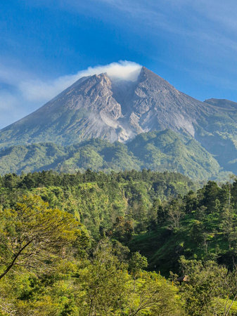 A close-up view of Mount Merapi from a distance with trees in the foreground. The panoramic beauty...