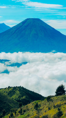 Landscape of Mount Sindoro seen from the peak of Mount Prau on a clear morning. Panorama of Mount Sindoro with the peak of Mount Prau in the foreground.の写真素材