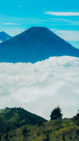 Landscape of Mount Sindoro seen from the peak of Mount Prau on a clear morning. Panorama of Mount Sindoro with the peak of Mount Prau in the foreground.の写真素材