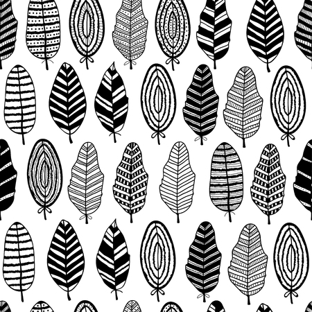 Feather seamless pattern. Hand draw black and white background.のイラスト素材