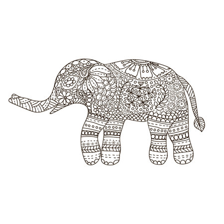 Hand drawn Elephant with ethnic floral doodle pattern. Coloring page for adults,zendala. Vector illustration  on the white background. Zen doodles.のイラスト素材