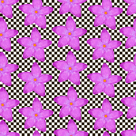 Vector seamless pattern from purple flowers on the white background with black squaresのイラスト素材