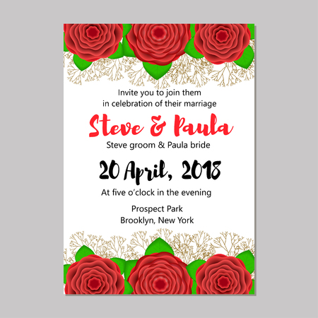 Wedding card template with creative red flowers and green leavesのイラスト素材