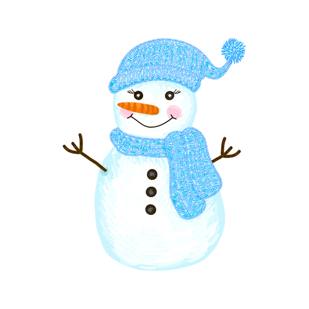 Vector funny snowman with blue hat and scarf. Hand drawn.のイラスト素材