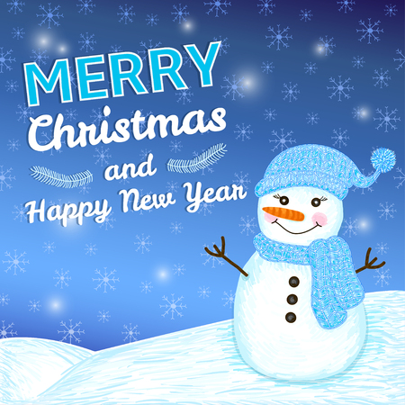 Merry Christmas and New Year colorful background with hand drawn snowman and snowflakesのイラスト素材
