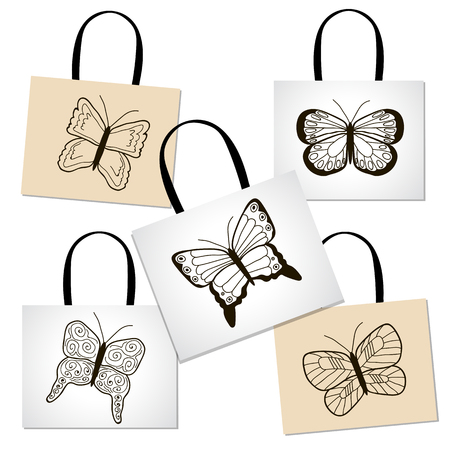 Shopping bags with hand draw butterflies. Set. Vector.のイラスト素材
