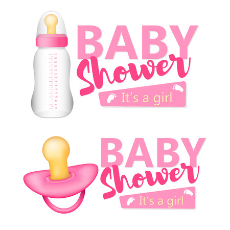Baby Shower. It's a girl text with the blue realistic  baby bottle and pacifier on the white background. Set.のイラスト素材