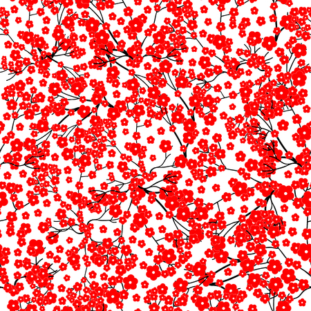 Red flowers and black branches on the white background. Floral seamless patternのイラスト素材