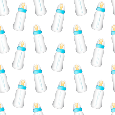 Seamless pattern from realistic blue baby bottles. Vector illustrationのイラスト素材