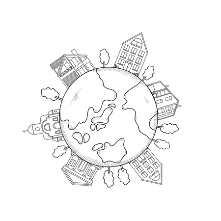 Black line symbols  - Earth, building, trees on the white background .Vector illustration.のイラスト素材