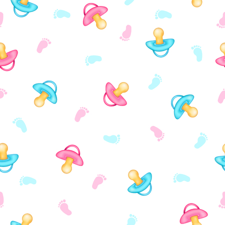Seamless pattern from realistic pink and blue pacifiers, baby foot. White background. Vector illustration.のイラスト素材