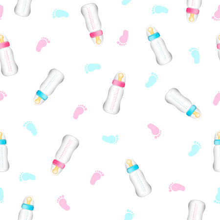 Seamless pattern from realistic pink and blue baby bottles, foot.  White background. Vector illustration.のイラスト素材
