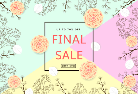 The colorful background with dark brown branches, flowers, white leaves. Final Sale poster, banner.のイラスト素材
