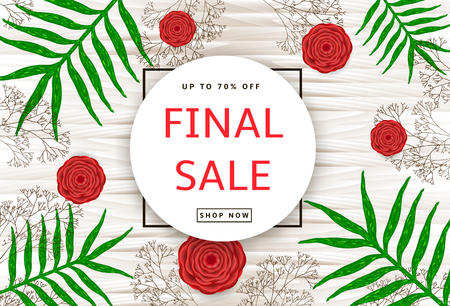 The green leaves, red flowers and branches on the wood background. Final sale poster, banner. Vector illustrationのイラスト素材