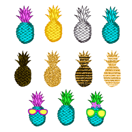 Colorful creative pineapples set. Vector illustrationのイラスト素材