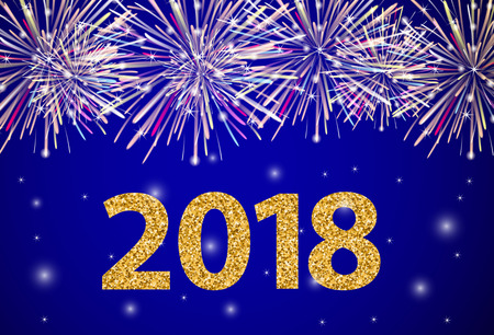 Fireworks colorful vector background - Christmas and New Year. Gold numerals - 2018 .Vector illustrationのイラスト素材