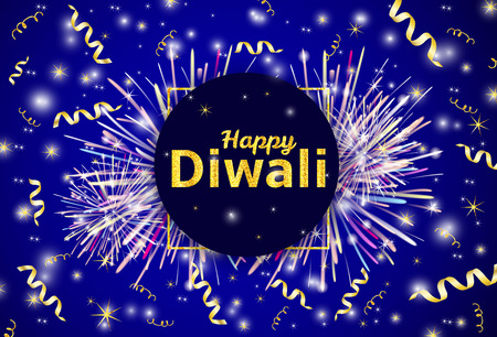 Happy Diwali - traditional Indian festival colorful background with firework,  gold text and ribbons. Vector illustrationのイラスト素材