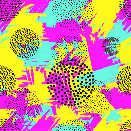 Bright seamless pattern from the colorful brush strokes and black circles. Vector illustrationのイラスト素材