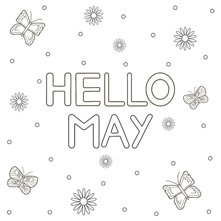 Hello May background with butterflies and flowers. Coloring page. Vector illustration.のイラスト素材