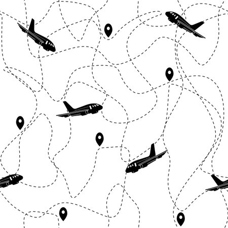 Seamless pattern with black planes on the white background. Vector illustrationのイラスト素材