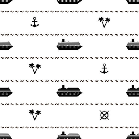Seamless pattern with black ships, anchors, palm trees and wheels. Vector illustrationのイラスト素材
