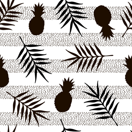 Seamless pattern with black pineapples and tropical leaves. Vector illustrationのイラスト素材