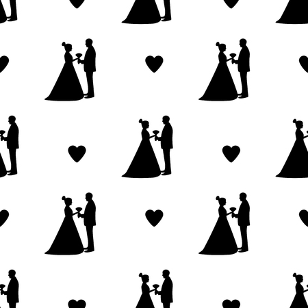 Seamless pattern with silhouettes of the bride and groom, hearts on the white background. Vector illustrationのイラスト素材