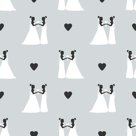 Seamless pattern with silhouettes of the brides and hearts. Same-sex marriage. Vector illustrationのイラスト素材
