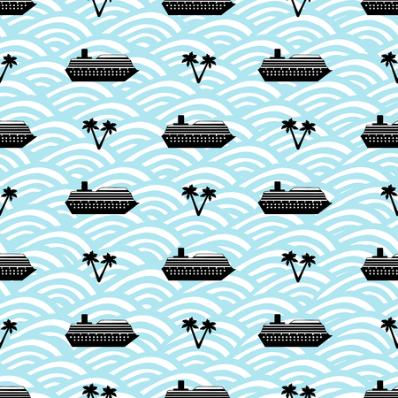 Seamless pattern with black ships, anchors, palm trees and wheels on the blue waves background. Vector illustrationのイラスト素材