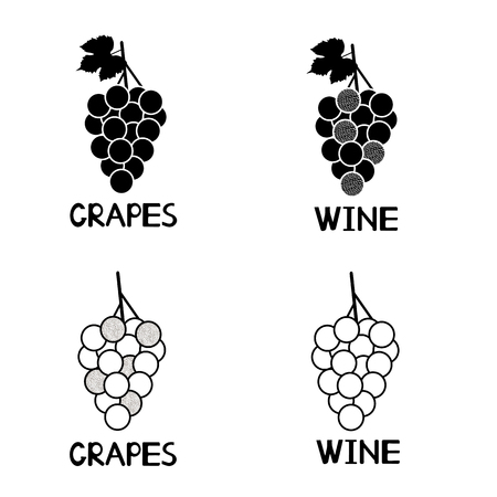 Creative black grapes icons, handwritten words Grapes and Wine. Vector illustrationのイラスト素材