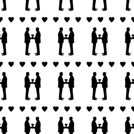 Seamless pattern with black silhouettes of grooms and hearts. Same-sex marriage. Vector illustrationのイラスト素材